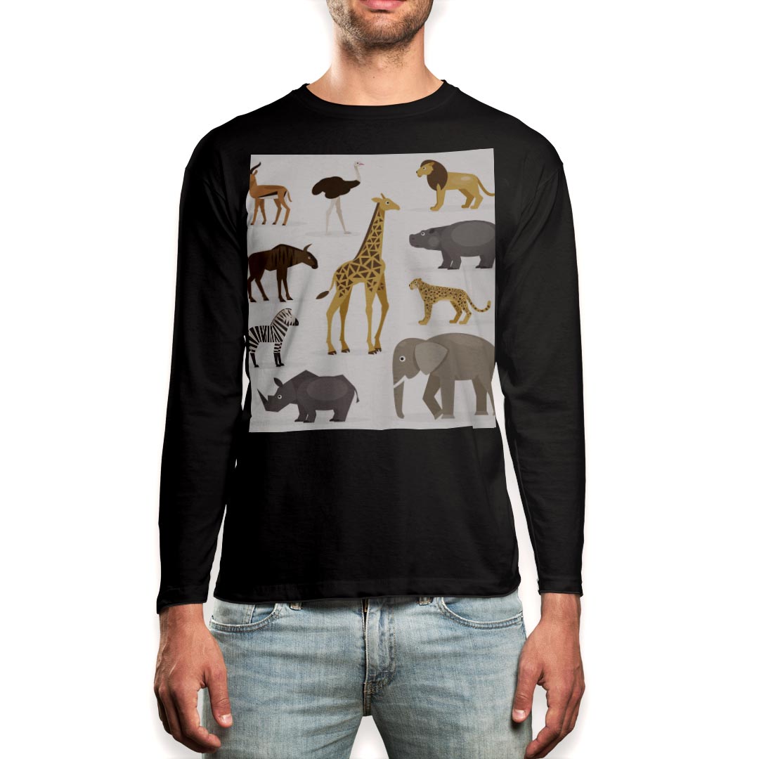 Rakuten - ロング tシャツ メンズ 長袖 ブラック デザイン XS S M L XL 2XL ロンT ティーシャツ 黒 black T shirt long sleeve 009811 動物　サファリ　アニマル