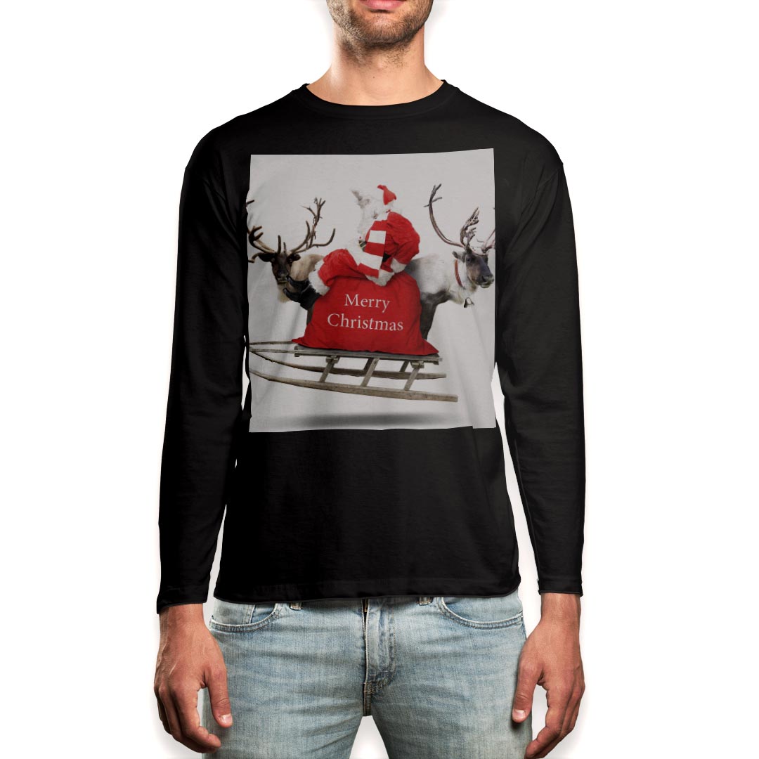 ロング tシャツ メンズ 長袖 ブラック デザイン XS S M L XL 2XL ロンT ティーシャツ 黒 black T shirt long sleeve 009971 クリスマス サンタ 写真