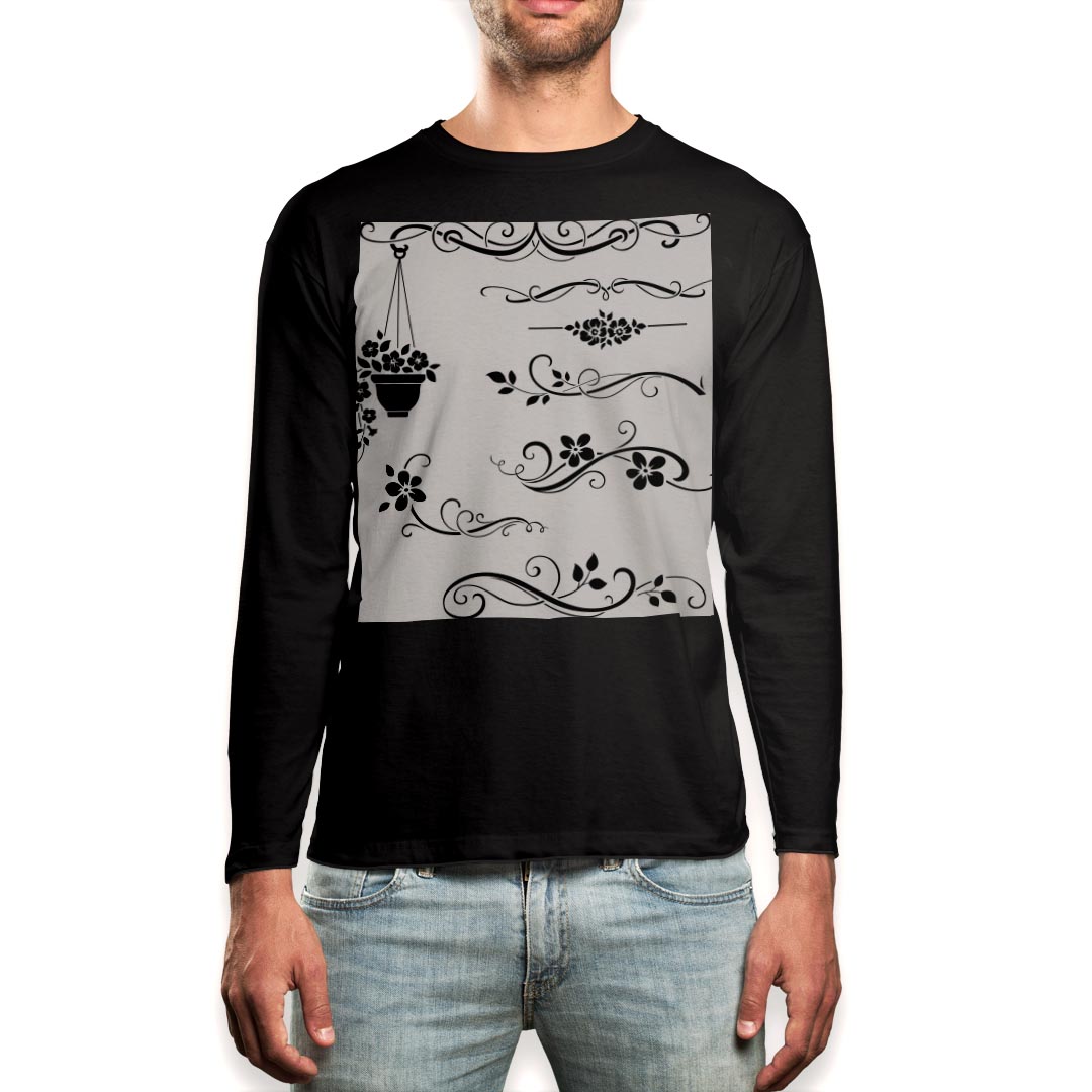 ロング tシャツ メンズ 長袖 ブラック デザイン XS S M L XL 2XL ロンT ティーシャツ 黒 black T shirt long sleeve 010036 フラワー　..