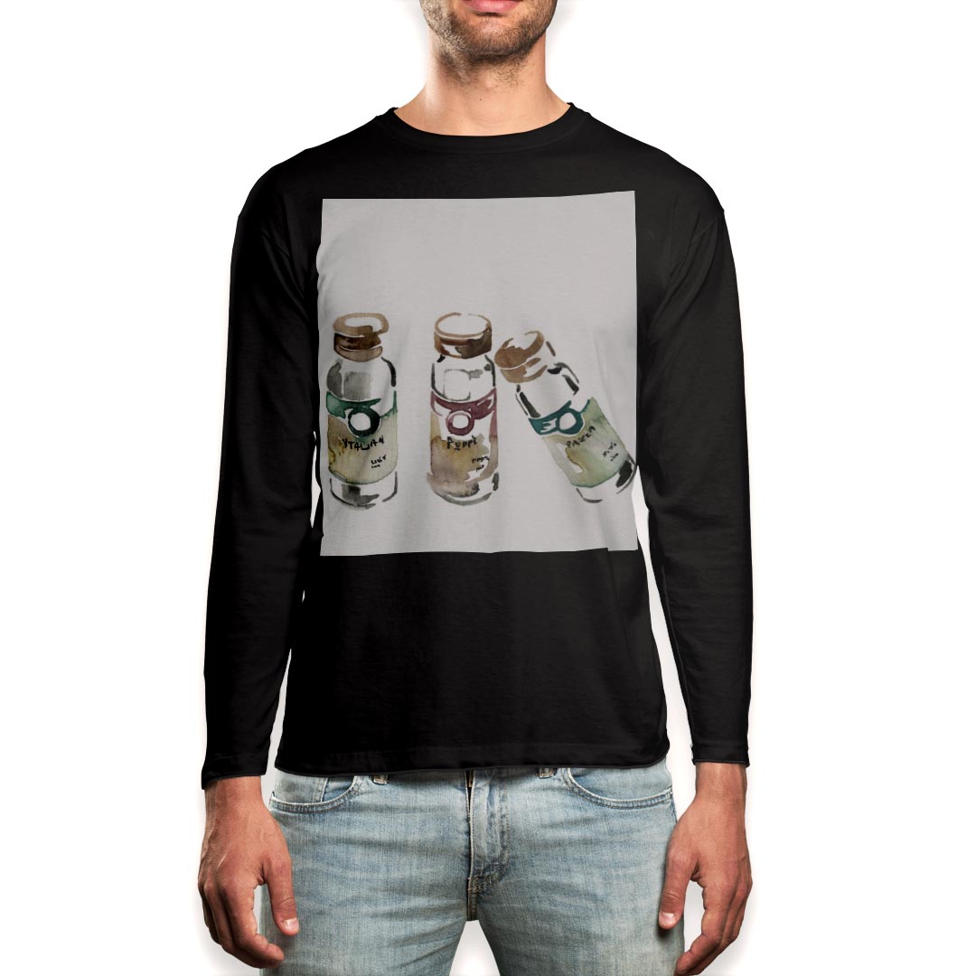 ロング tシャツ メンズ 長袖 ブラック デザイン XS S M L XL 2XL ロンT ティーシャツ 黒 black T shirt long sleeve 010177 料理 水彩 おしゃれ