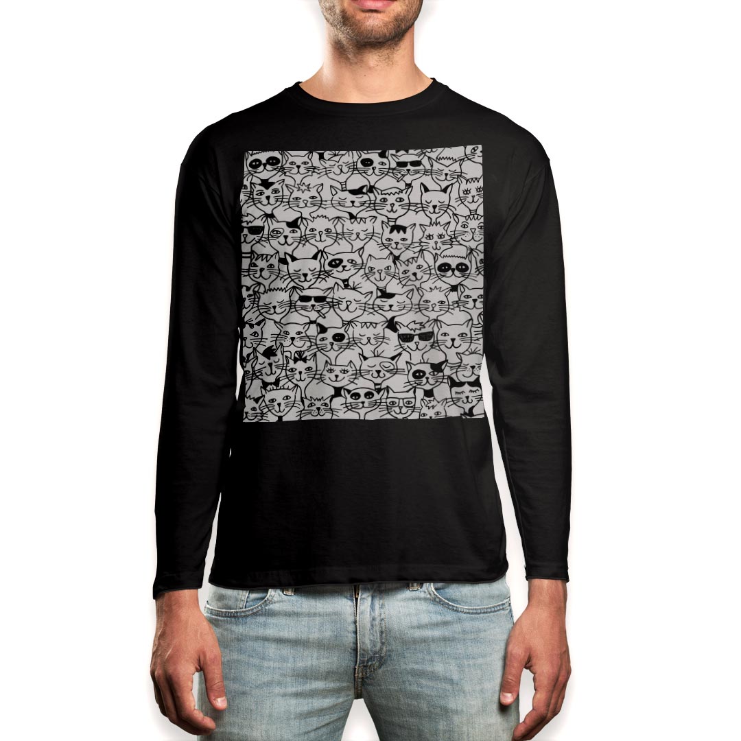 ロング tシャツ メンズ 長袖 ブラック デザイン XS S M L XL 2XL ロンT ティーシャツ 黒 black T shirt long sleeve 010229 猫　動物　イラスト