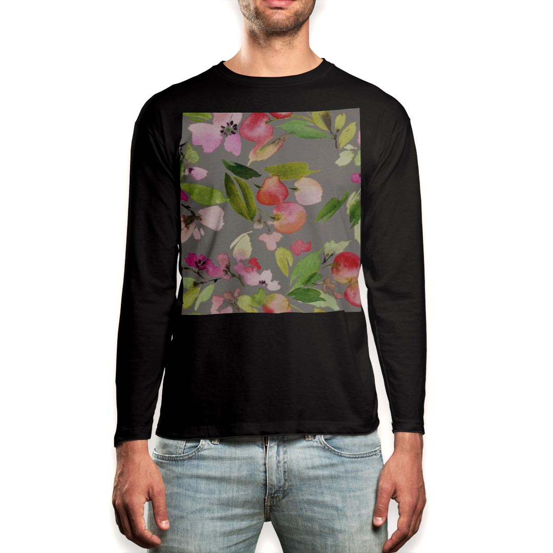 ロング tシャツ メンズ 長袖 ブラック デザイン XS S M L XL 2XL ロンT ティーシャツ 黒 black T shirt long sleeve 010237 フラワー　花　水彩