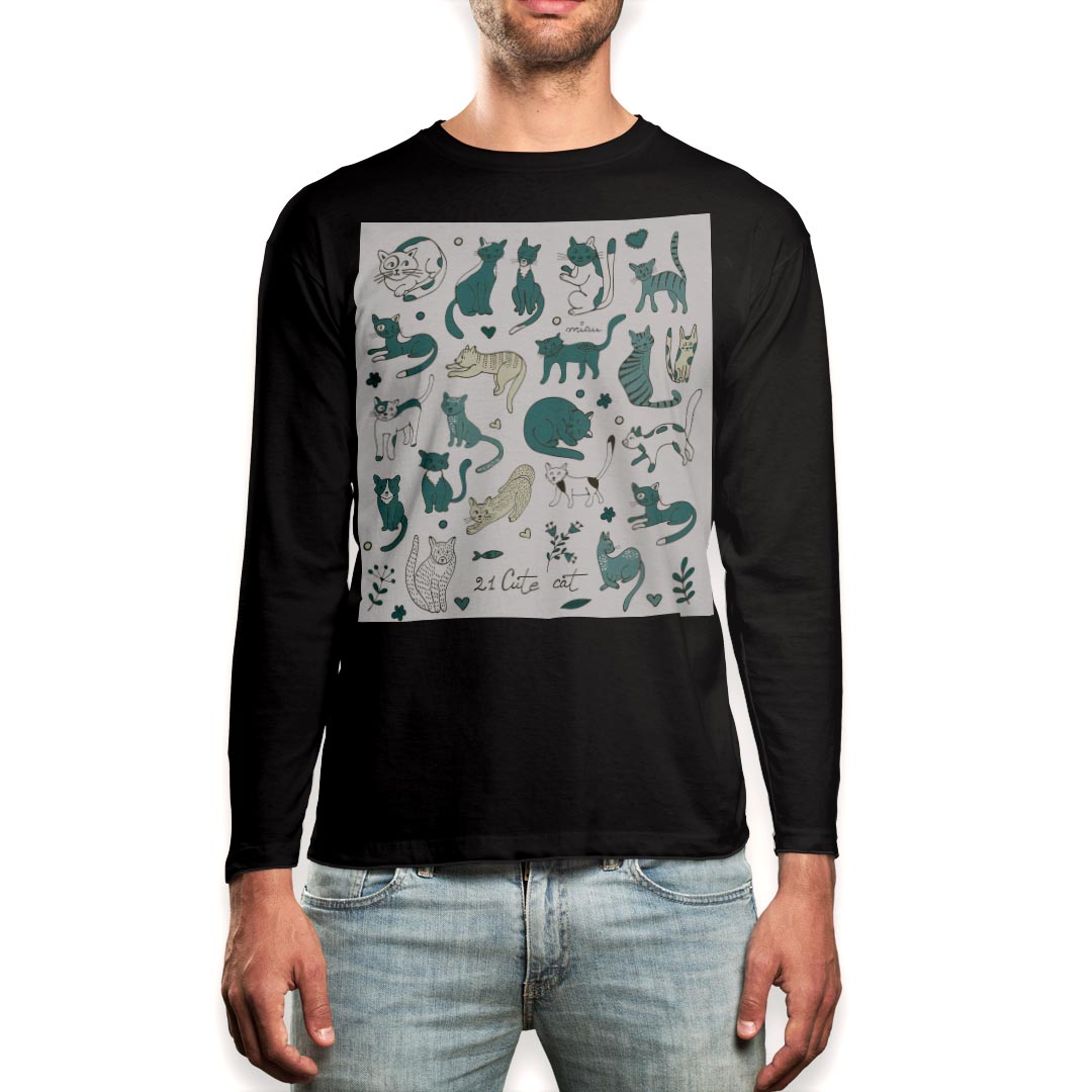 ロング tシャツ メンズ 長袖 ブラック デザイン XS S M L XL 2XL ロンT ティーシャツ 黒 black T shirt long sleeve 010399 動物　猫　緑