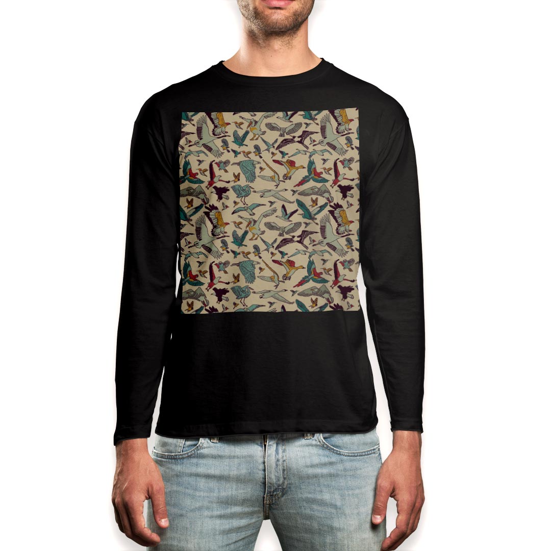 ロング tシャツ メンズ 長袖 ブラック デザイン XS S M L XL 2XL ロンT ティーシャツ 黒 black T shirt long sleeve 010413 鳥　鶴　鷹