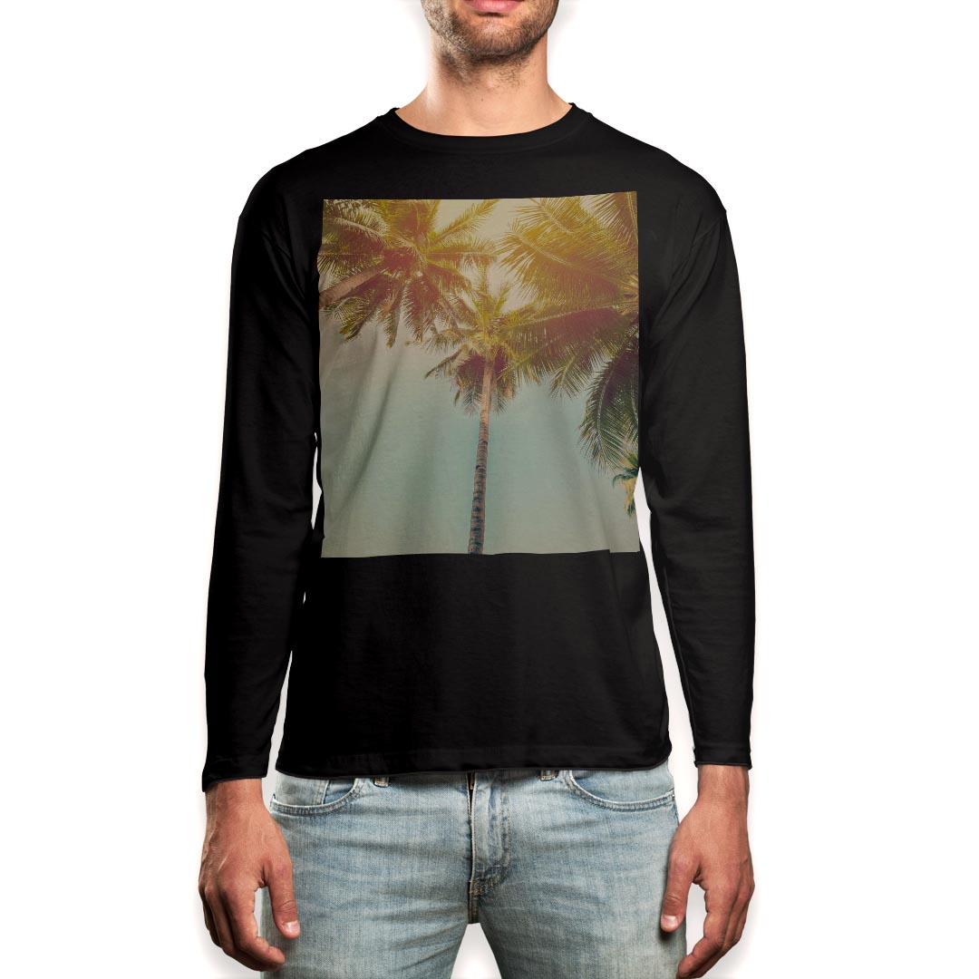 ロング tシャツ メンズ 長袖 ブラック デザイン XS S M L XL 2XL ロンT ティーシャツ 黒 black T shirt long sleeve 010529 ヤシの木 風景