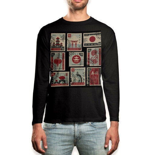 ロング tシャツ メンズ 長袖 ブラック デザイン XS S M L XL 2XL ロンT ティーシャツ 黒 black T shirt long sleeve 010604 日本 切手 風景 ロング tシャツ メンズ 長袖 ブラック デザイン XS S M L XL 2XL ロンT ティーシャツ 黒 black T shirt long sleeve 010604 日本 切手 風景