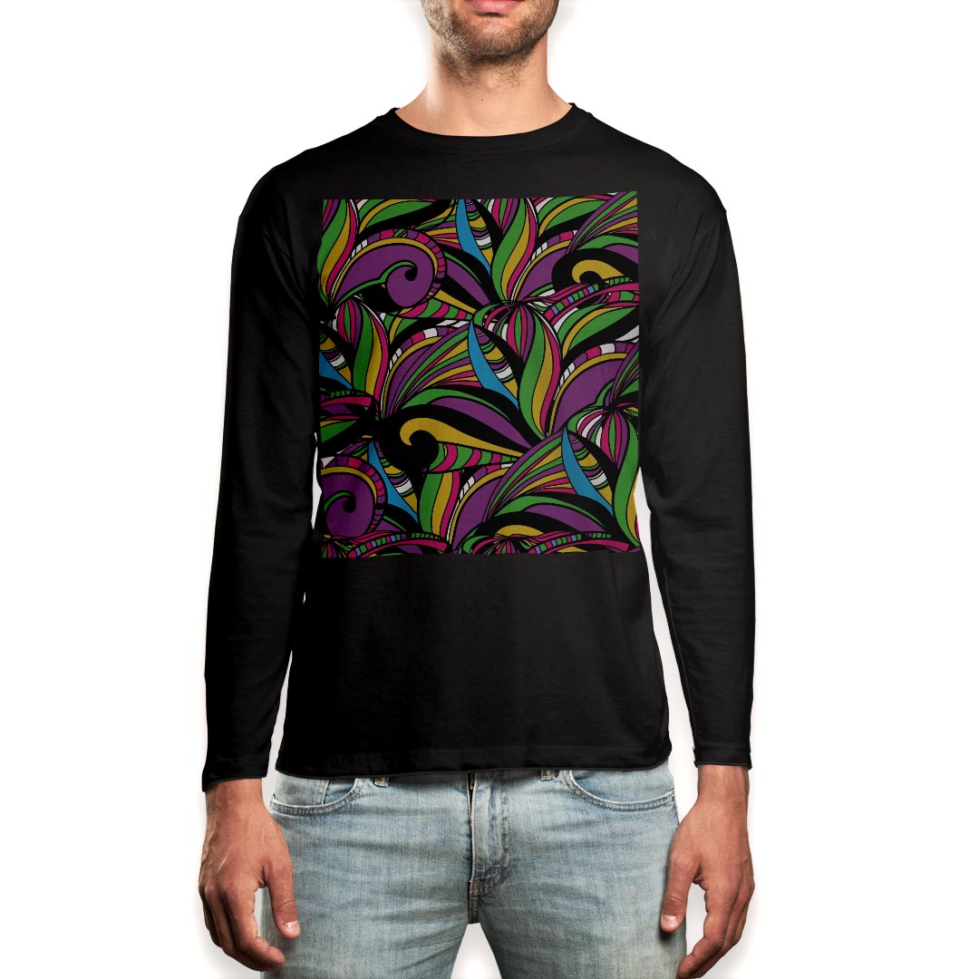 Rakuten - ロング tシャツ メンズ 長袖 ブラック デザイン XS S M L XL 2XL ロンT ティーシャツ 黒 black T shirt long sleeve 010621 アート　模様　カラフル