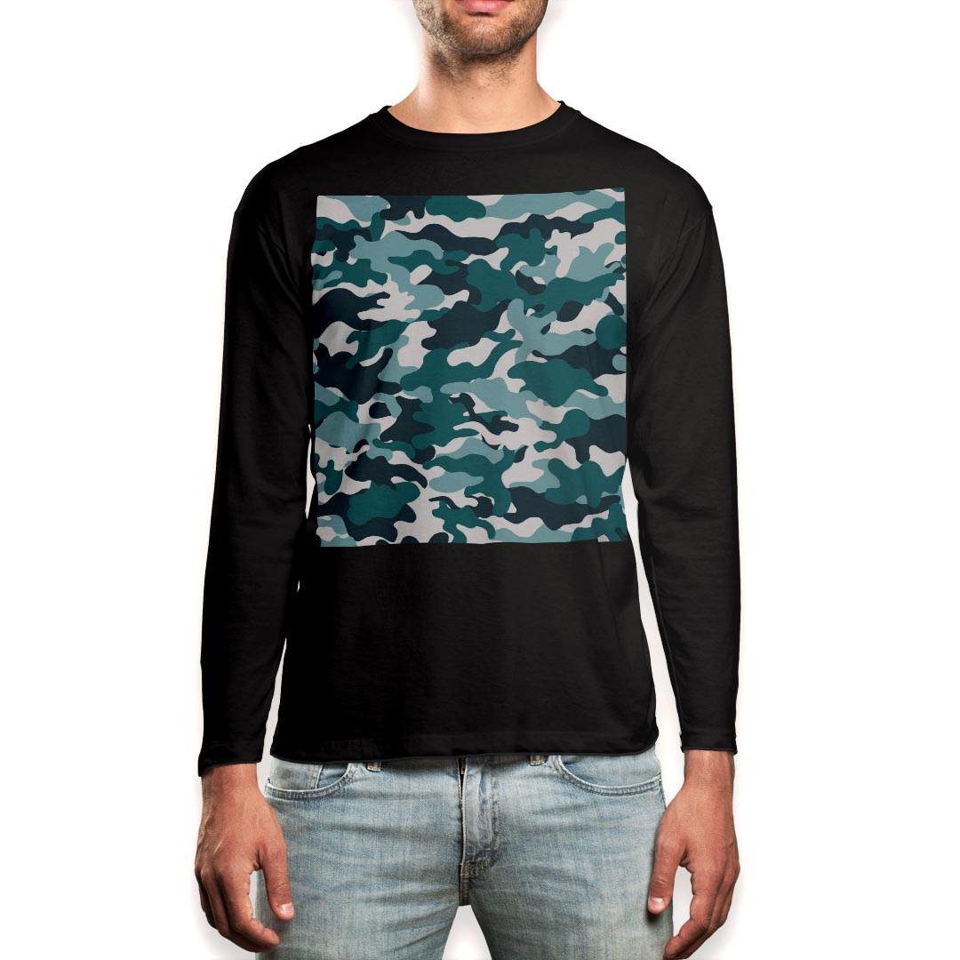 Long-Sleeved - ロング tシャツ メンズ 長袖 ブラック デザイン XS S M L XL 2XL ロンT ティーシャツ 黒 black T shirt long sleeve 010728 迷彩　カモフラ　緑