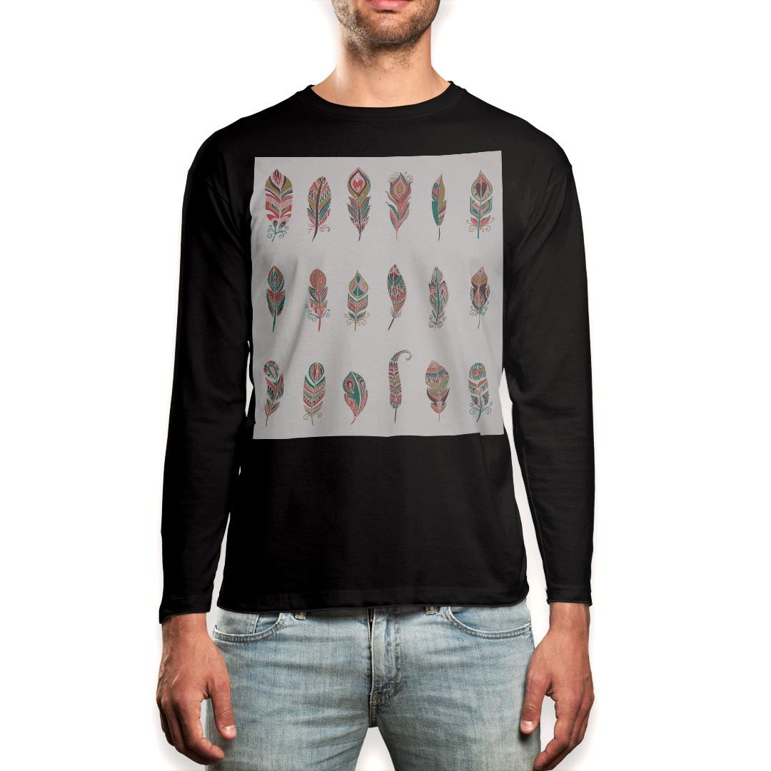 ロング tシャツ メンズ 長袖 ブラック デザイン XS S M L XL 2XL ロンT ティーシャツ 黒 black T shirt long sleeve 010735 羽根　カラ..