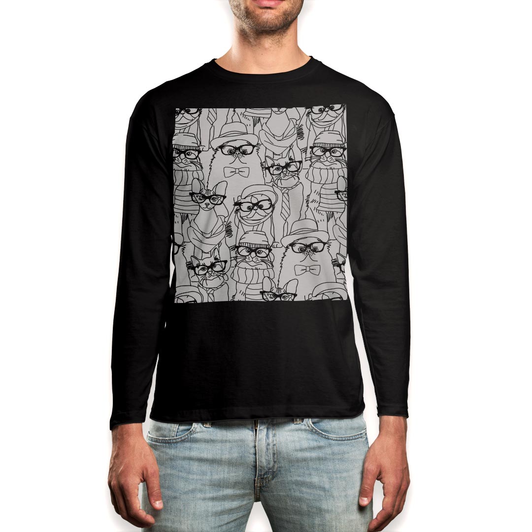 ロング tシャツ メンズ 長袖 ブラック デザイン XS S M L XL 2XL ロンT ティーシャツ 黒 black T shirt long sleeve 010792 猫　めがね　動物
