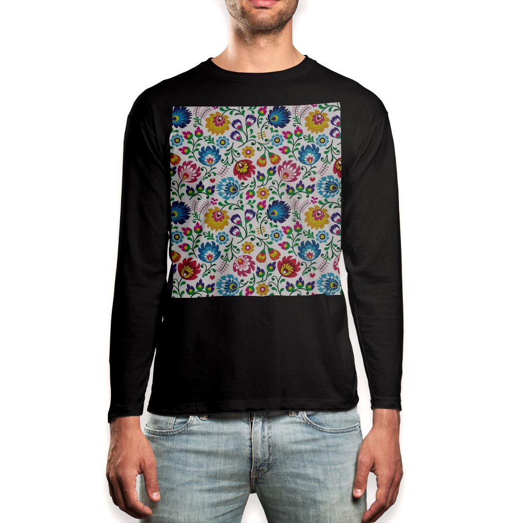 ロング tシャツ メンズ 長袖 ブラック デザイン XS S M L XL 2XL ロンT ティーシャツ 黒 black T shirt long sleeve 010857 花　フラワー　カラフル