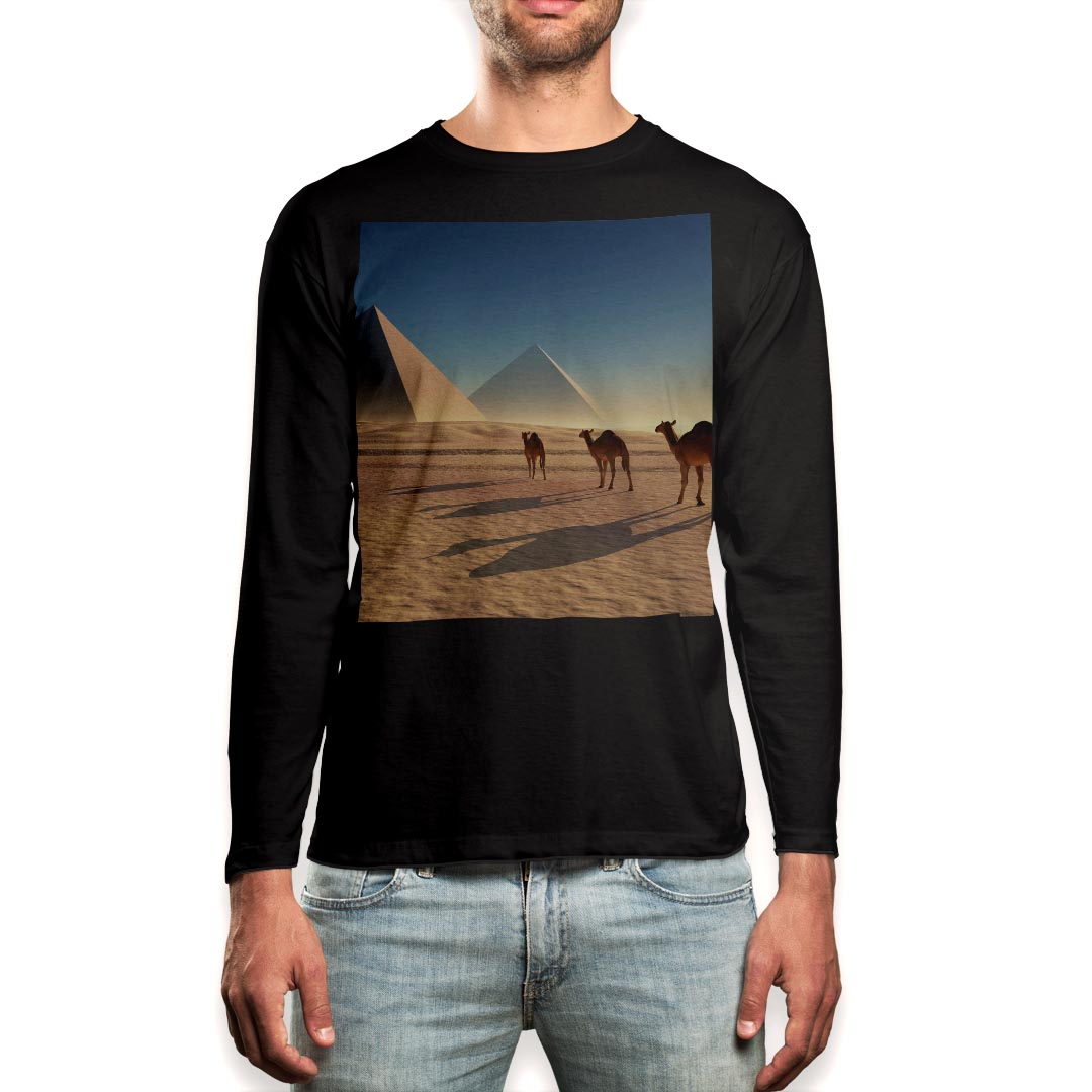 ロング tシャツ メンズ 長袖 ブラック デザイン XS S M L XL 2XL ロンT ティーシャツ 黒 black T shirt long sleeve 010934 らくだ 砂漠 ピラミッド