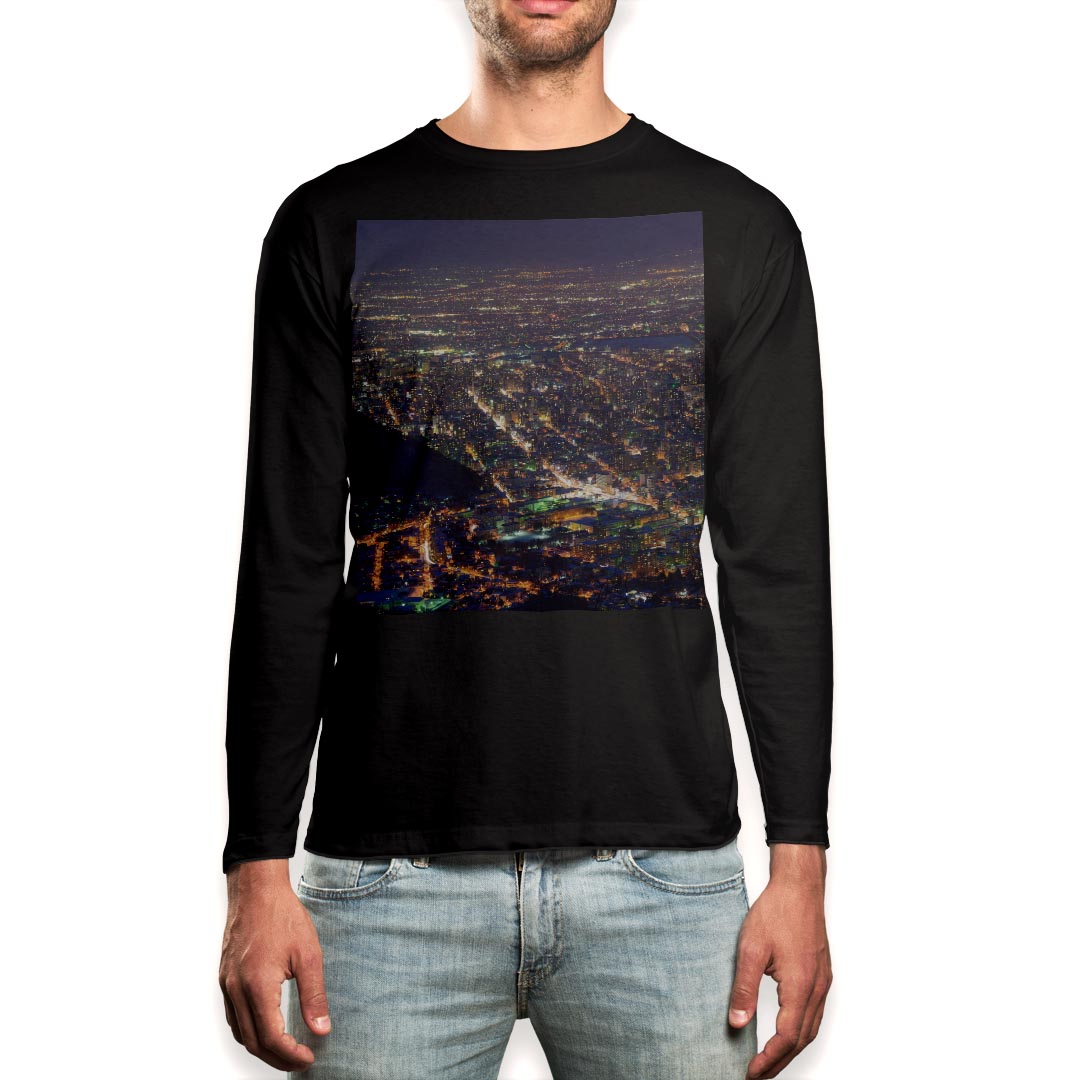 ロング tシャツ メンズ 長袖 ブラック デザイン XS S M L XL 2XL ロンT ティーシャツ 黒 black T shirt long sleeve 010983 夜景　写真
