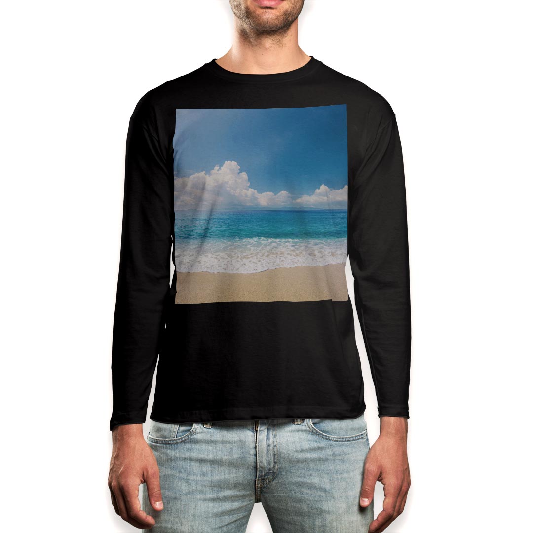 ロング tシャツ メンズ 長袖 ブラック デザイン XS S M L XL 2XL ロンT ティーシャツ 黒 black T shirt long sleeve 011085 海 ビーチ 写真