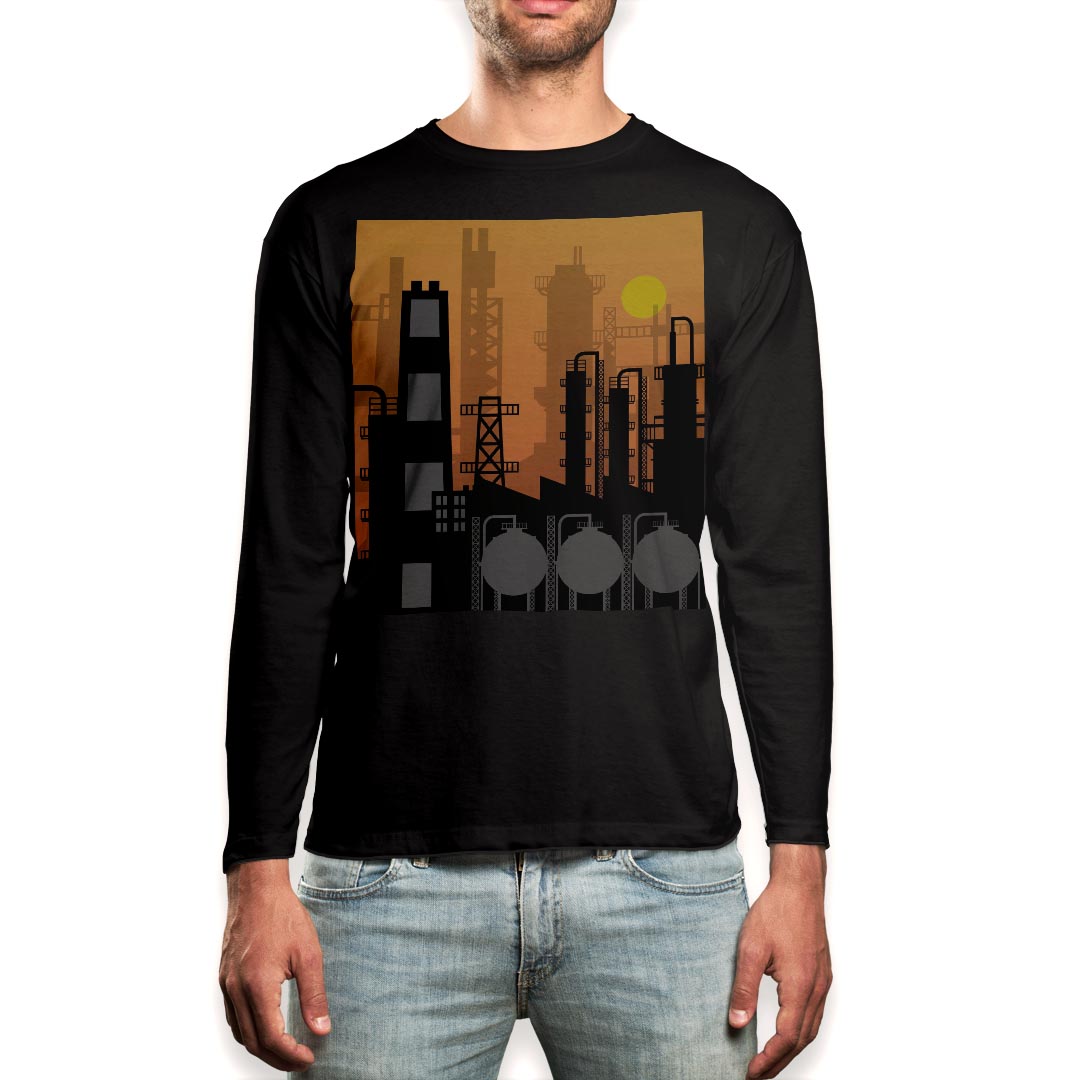 ロング tシャツ メンズ 長袖 ブラック デザイン XS S M L XL 2XL ロンT ティーシャツ 黒 black T shirt long sleeve 011214 工場 建物 オレンジ