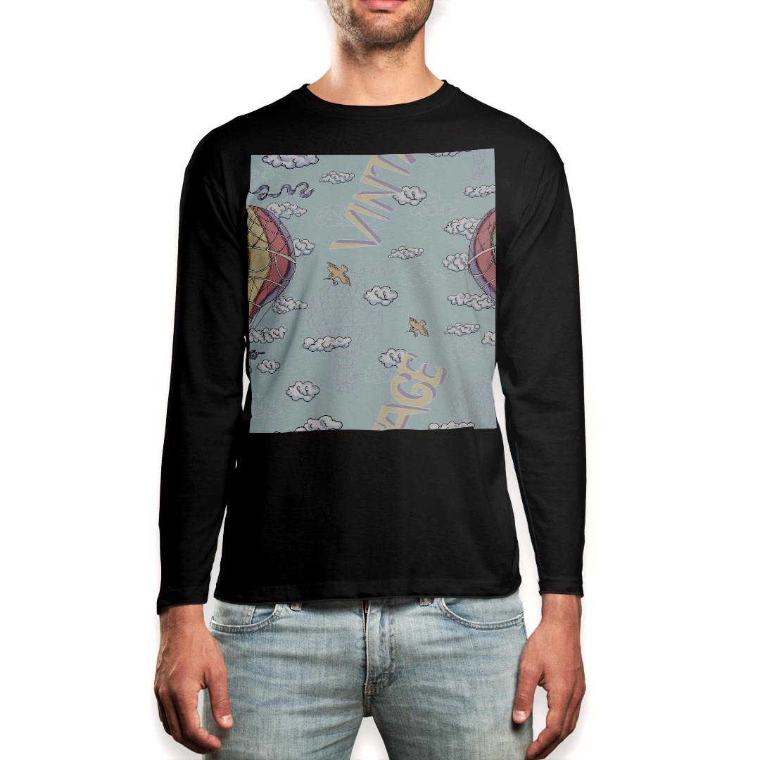 ロング tシャツ メンズ 長袖 ブラック デザイン XS S M L XL 2XL ロンT ティーシャツ 黒 black T shirt long sleeve 011261 空　気球　乗り物