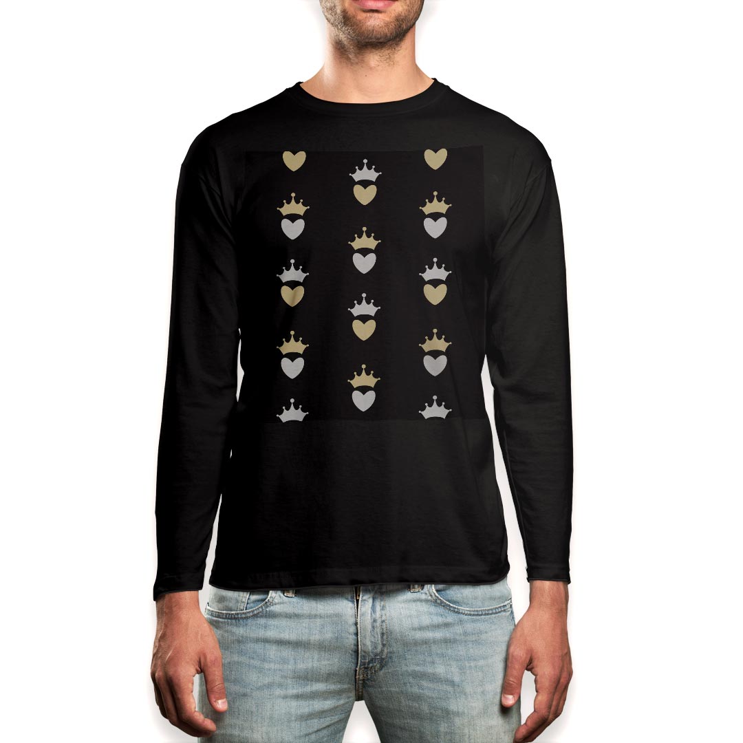 Long-Sleeved - ロング tシャツ メンズ 長袖 ブラック デザイン XS S M L XL 2XL ロンT ティーシャツ 黒 black T shirt long sleeve 011280 王冠　ハート　黒