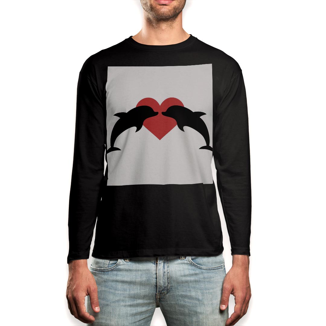 ロング tシャツ メンズ 長袖 ブラック デザイン XS S M L XL 2XL ロンT ティーシャツ 黒 black T shirt long sleeve 011291 イルカ　ハート　動物