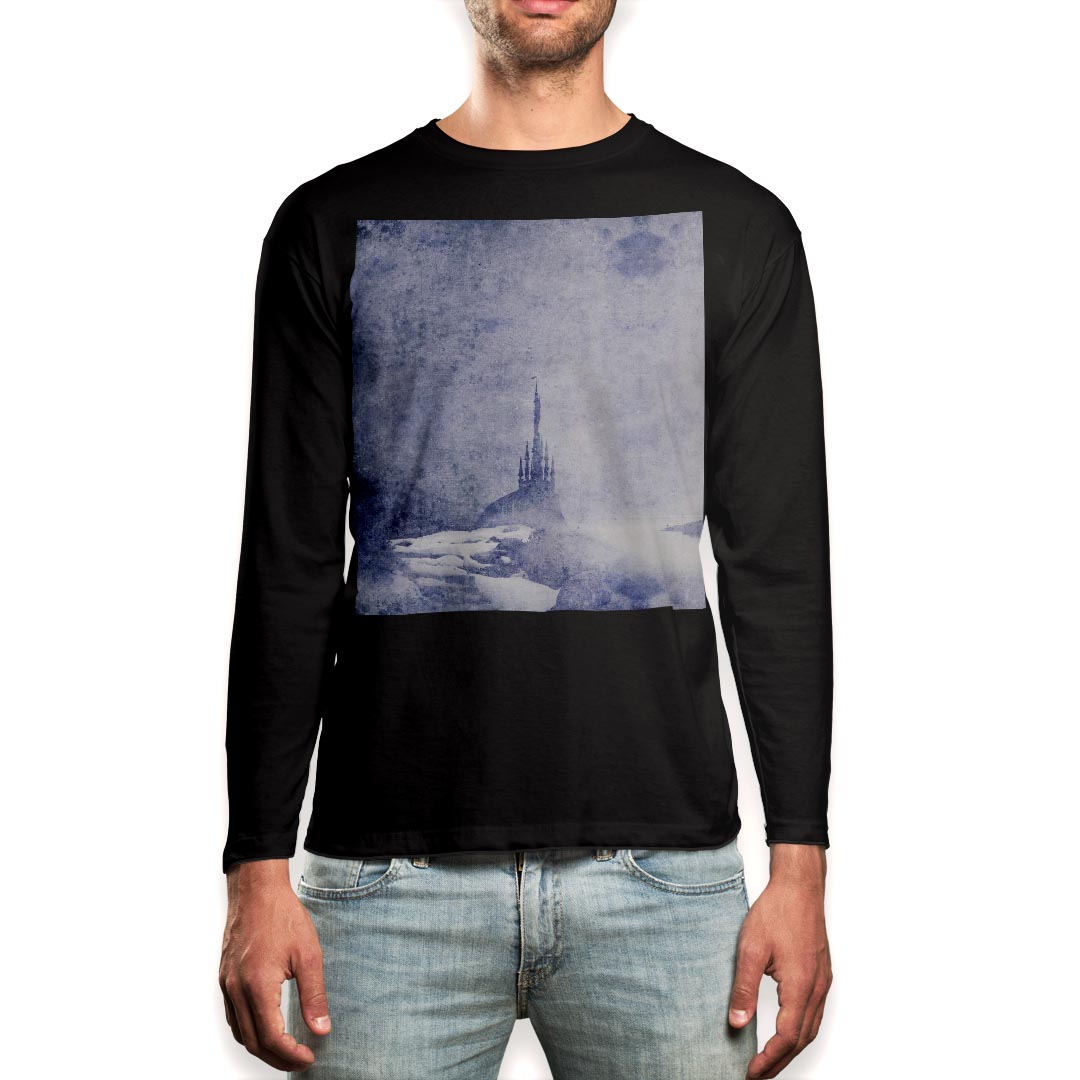 Long-Sleeved - ロング tシャツ メンズ 長袖 ブラック デザイン XS S M L XL 2XL ロンT ティーシャツ 黒 black T shirt long sleeve 011295 お城　水彩　青