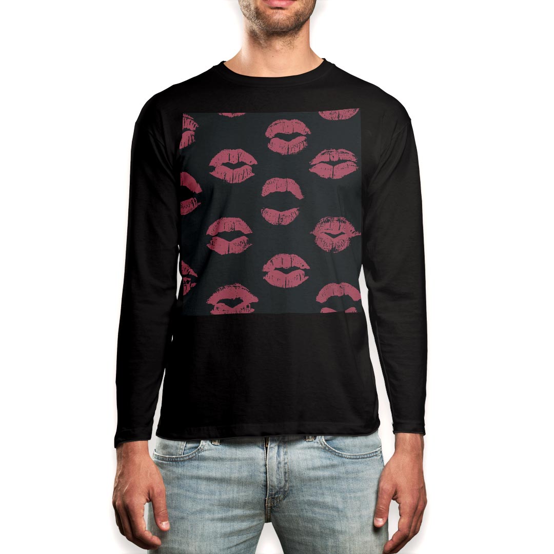 Rakuten - ロング tシャツ メンズ 長袖 ブラック デザイン XS S M L XL 2XL ロンT ティーシャツ 黒 black T shirt long sleeve 011370 くちびる　マーク　ピンク