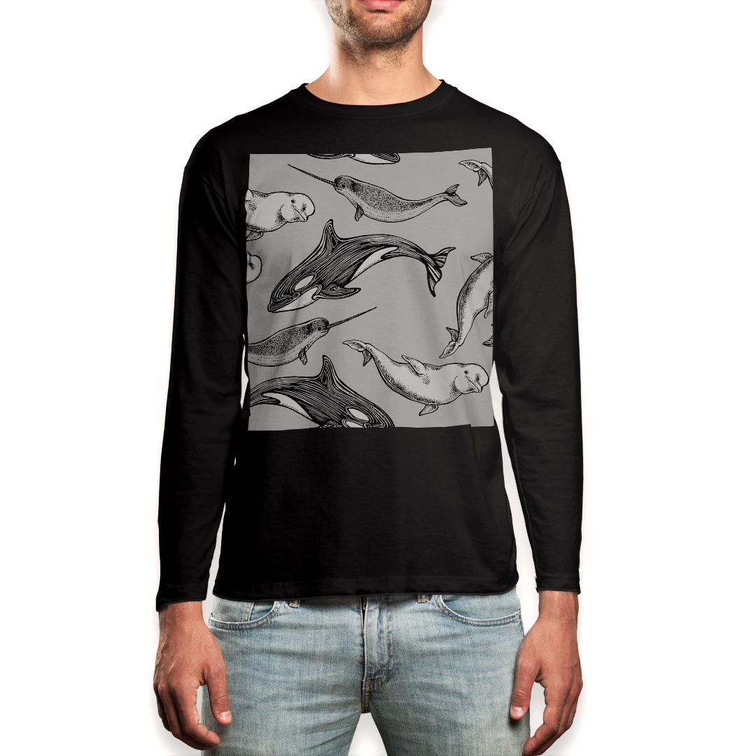 ロング tシャツ メンズ 長袖 ブラック デザイン XS S M L XL 2XL ロンT ティーシャツ 黒 black T shirt long sleeve 011423 海　生き物　アニマル