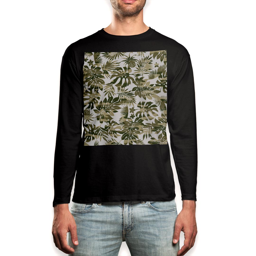 Long-Sleeved - ロング tシャツ メンズ 長袖 ブラック デザイン XS S M L XL 2XL ロンT ティーシャツ 黒 black T shirt long sleeve 011535 ボタニカル　パイナップル　迷彩
