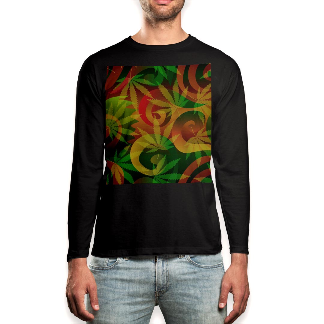 ロング tシャツ メンズ 長袖 ブラック デザイン XS S M L XL 2XL ロンT ティーシャツ 黒 black T shirt long sleeve 011734 レゲエ　植物　カラフル