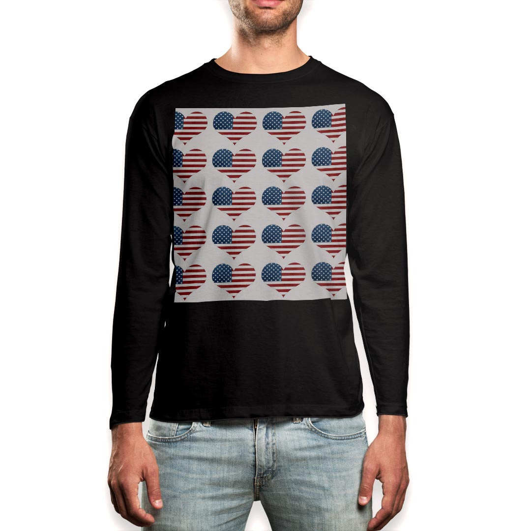 ロング tシャツ メンズ 長袖 ブラック デザイン XS S M L XL 2XL ロンT ティーシャツ 黒 black T shirt long sleeve 011789 ハート アメリカ 国旗