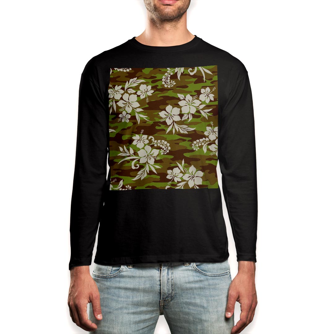 ロング tシャツ メンズ 長袖 ブラック デザイン XS S M L XL 2XL ロンT ティーシャツ 黒 black T shirt long sleeve 012005 迷彩　アーミー　花