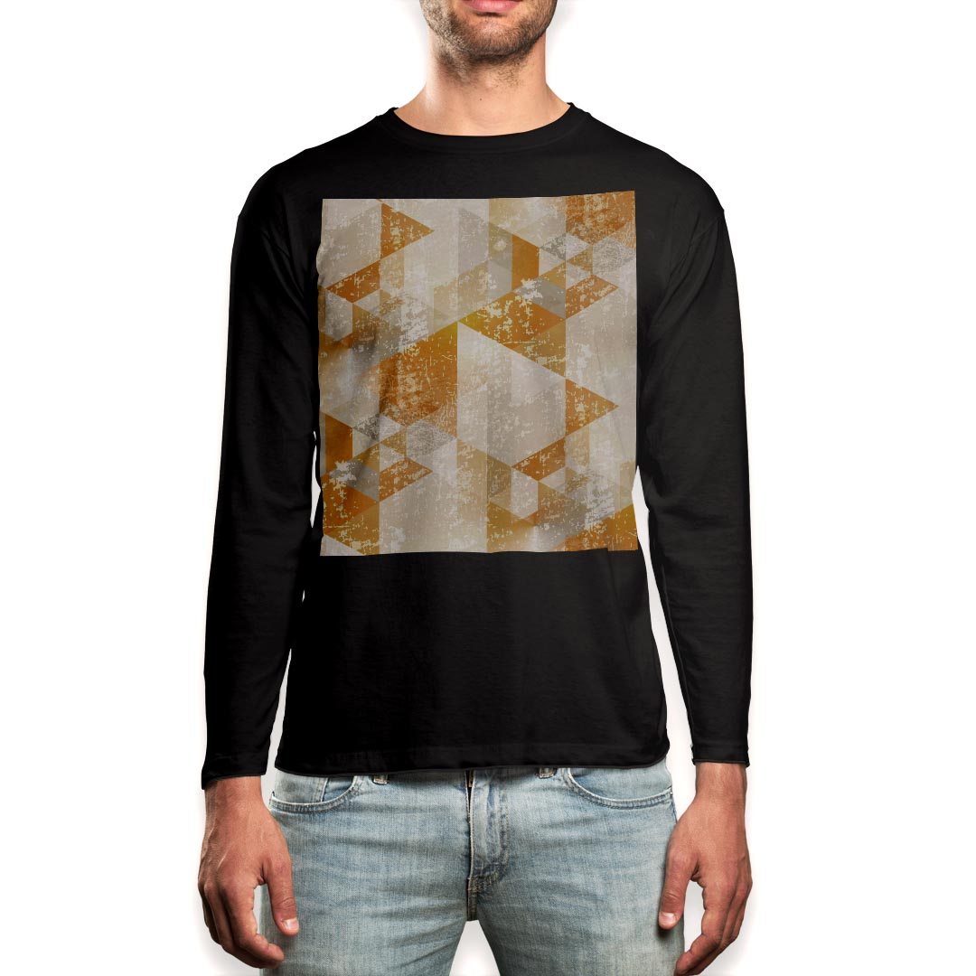 ロング tシャツ メンズ 長袖 ブラック デザイン XS S M L XL 2XL ロンT ティーシャツ 黒 black T shirt long sleeve 012063 オレンジ　柄　三角