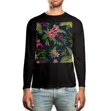 ロング tシャツ メンズ 長袖 ブラック デザイン XS S M L XL 2XL ロンT ティーシャツ 黒 black T shirt long sleeve 012096 ハイビスカス 植物 ネイビー
