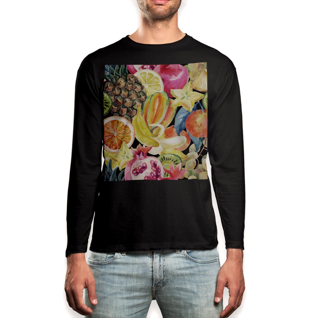 ロング tシャツ メンズ 長袖 ブラック デザイン XS S M L XL 2XL ロンT ティーシャツ 黒 black T shirt long sleeve 012114 果物　パイナップル　バナナ