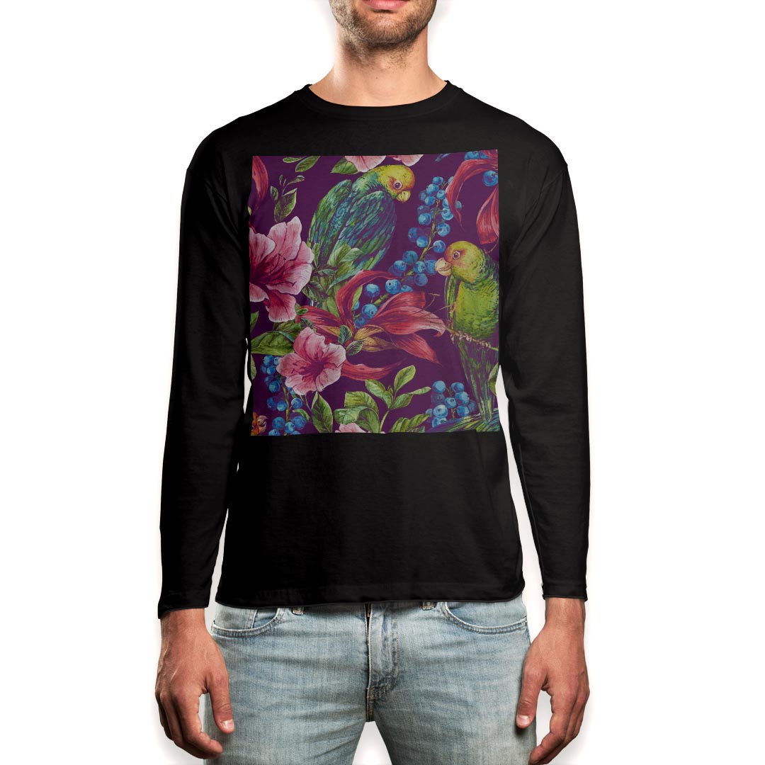 ロング tシャツ メンズ 長袖 ブラック デザイン XS S M L XL 2XL ロンT ティーシャツ 黒 black T shirt long sleeve 012125 鳥 ハイビスカス 花