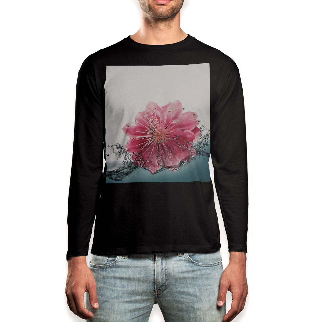 ロング tシャツ メンズ 長袖 ブラック デザイン XS S M L XL 2XL ロンT ティーシャツ 黒 black T shirt long sleeve 012175 花 水 白