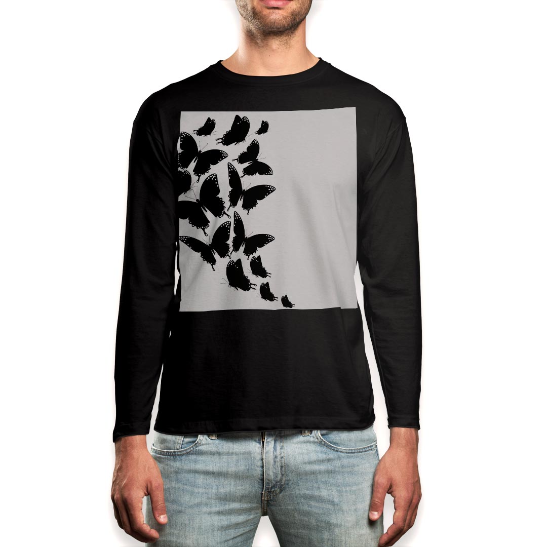 ロング tシャツ メンズ 長袖 ブラック デザイン XS S M L XL 2XL ロンT ティーシャツ 黒 black T shirt long sleeve 012194 蝶 モノトーン 白黒