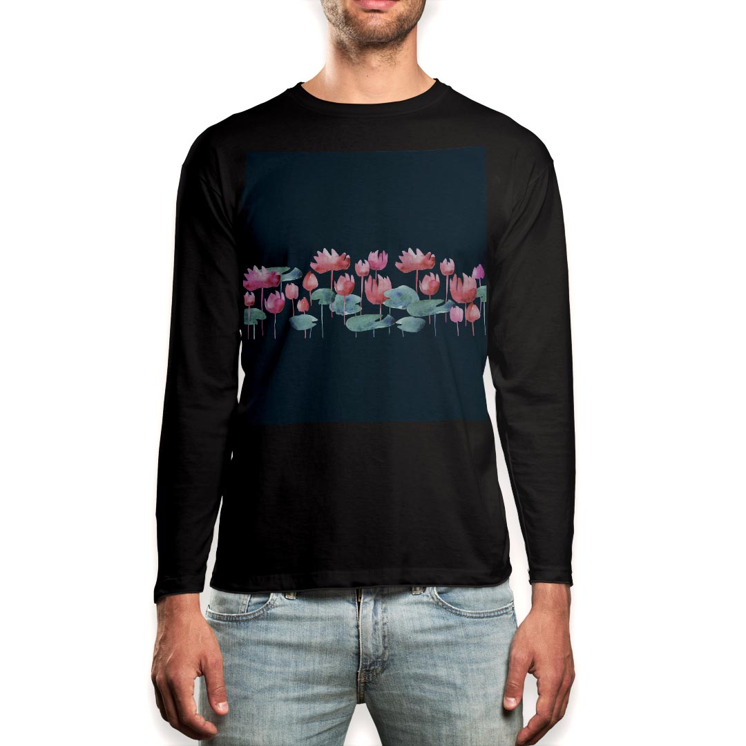 ロング tシャツ メンズ 長袖 ブラック デザイン XS S M L XL 2XL ロンT ティーシャツ 黒 black T shirt long sleeve 012196 花 植物 水連