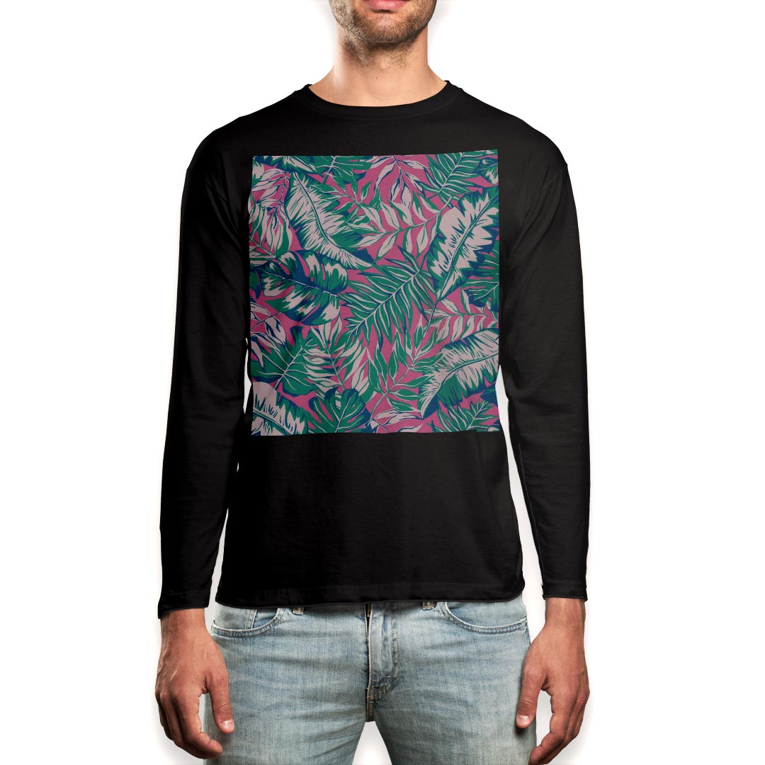 ロング tシャツ メンズ 長袖 ブラック デザイン XS S M L XL 2XL ロンT ティーシャツ 黒 black T shirt long sleeve 012224 植物　ピンク　緑