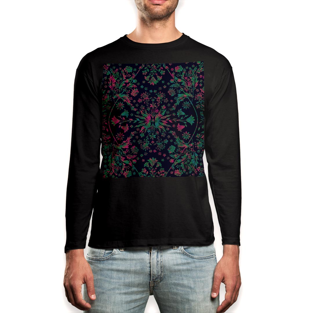 Long-Sleeved - ロング tシャツ メンズ 長袖 ブラック デザイン XS S M L XL 2XL ロンT ティーシャツ 黒 black T shirt long sleeve 012277 花柄　黒　エレガント