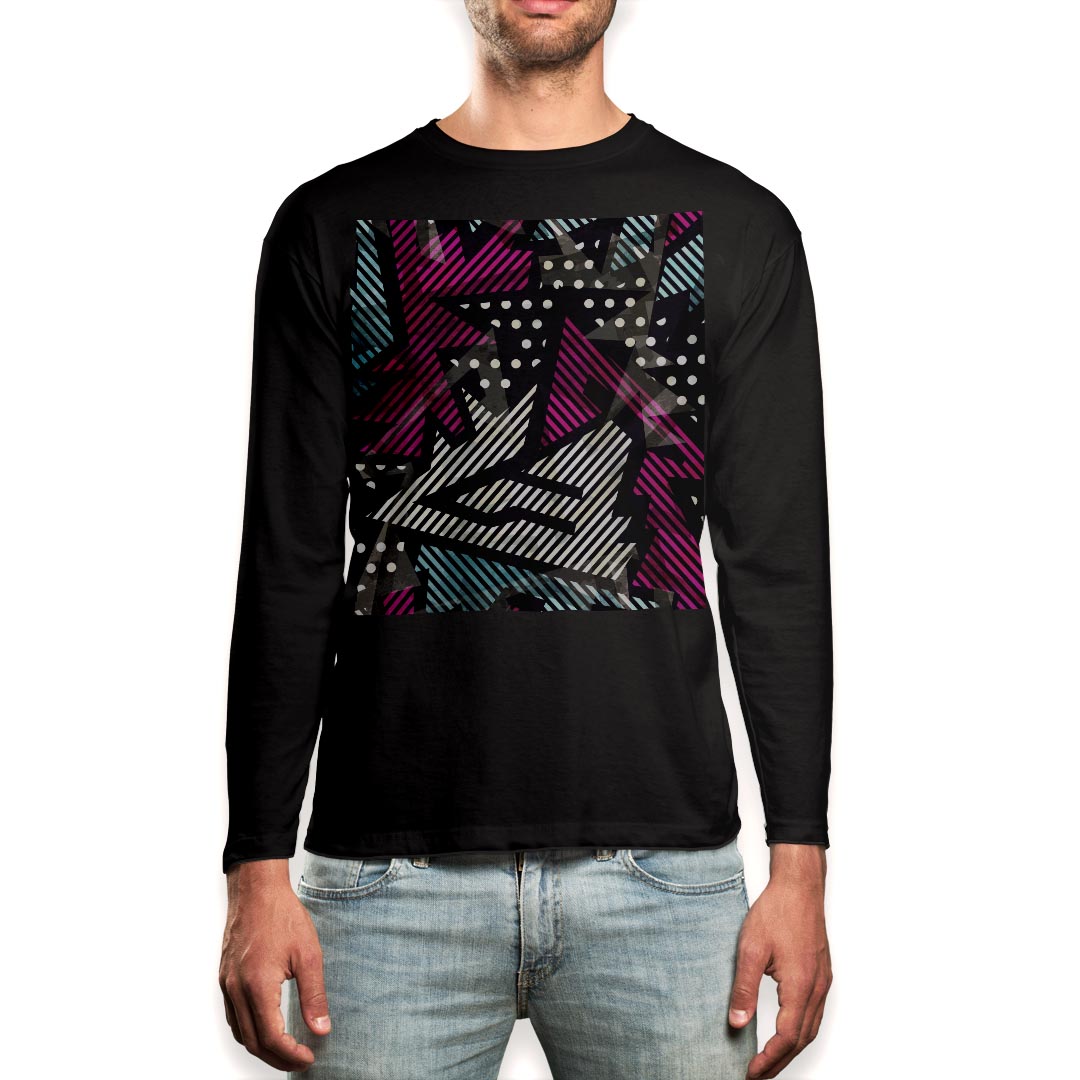 ロング tシャツ メンズ 長袖 ブラック デザイン XS S M L XL 2XL ロンT ティーシャツ 黒 black T shirt long sleeve 012350 柄　ドット　ストライプ