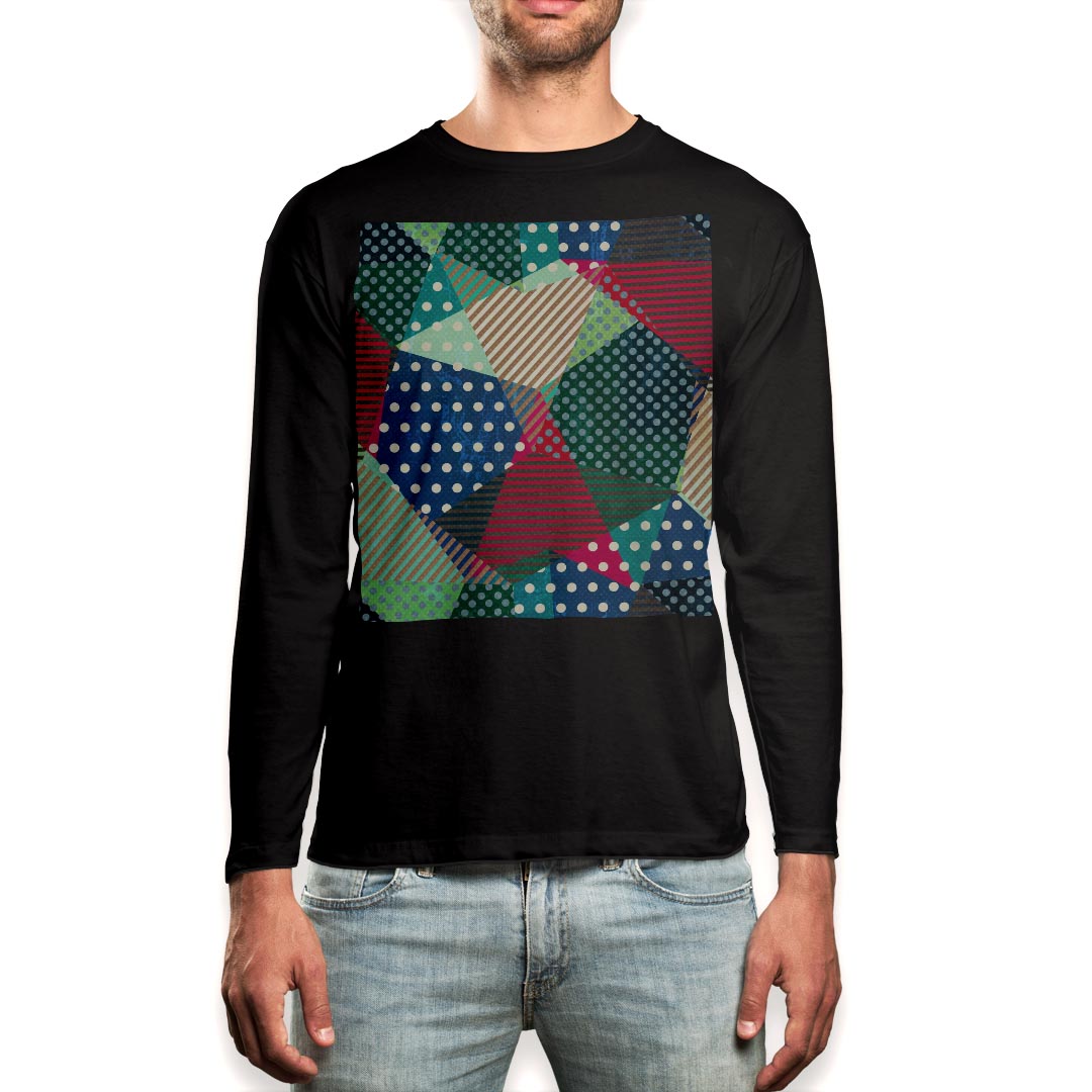 ロング tシャツ メンズ 長袖 ブラック デザイン XS S M L XL 2XL ロンT ティーシャツ 黒 black T shirt long sleeve 012352 柄　ドット　ストライプ