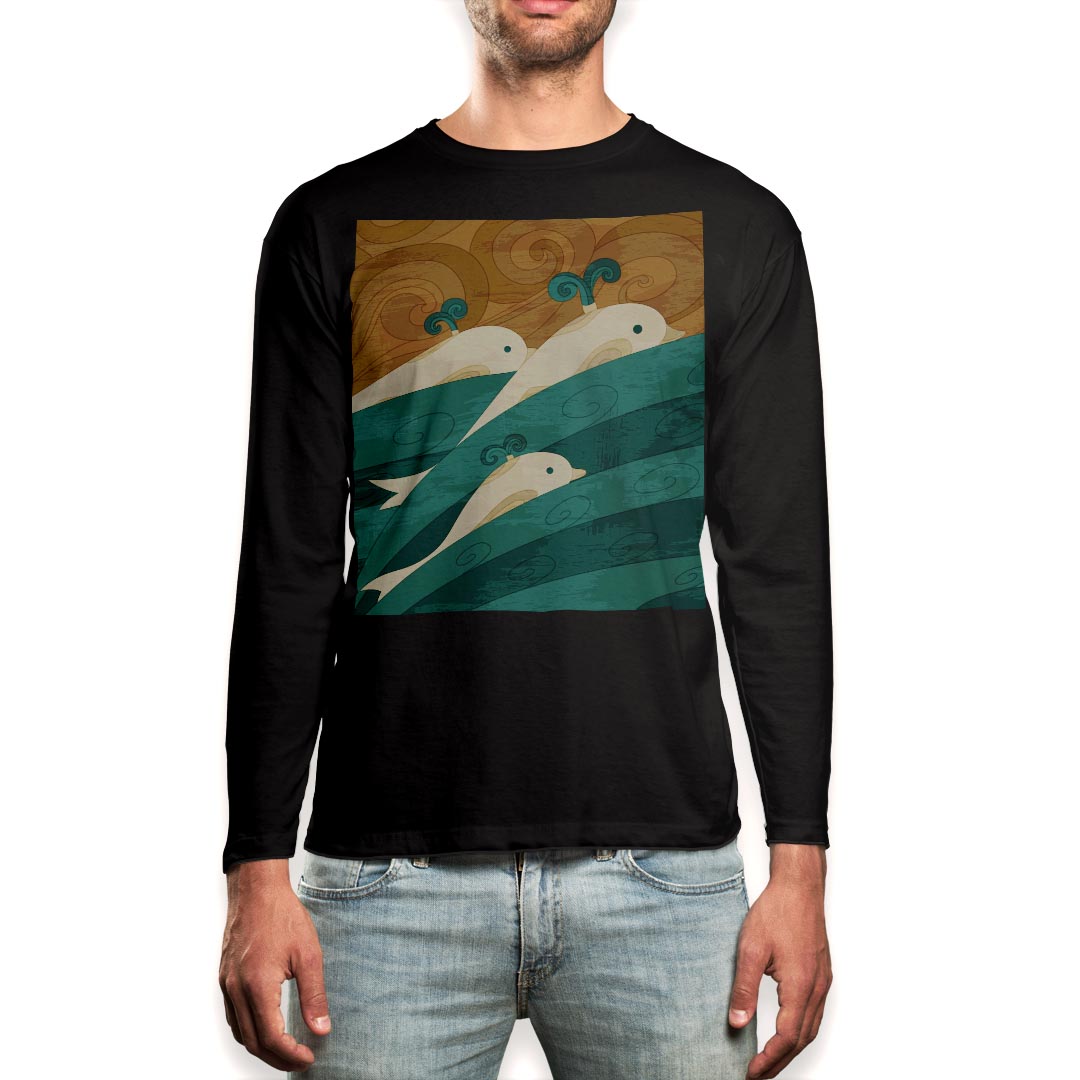 ロング tシャツ メンズ 長袖 ブラック デザイン XS S M L XL 2XL ロンT ティーシャツ 黒 black T shirt long sleeve 012356 クジラ　海..