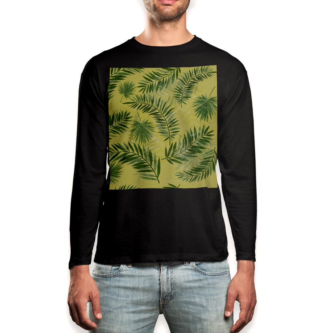 Long-Sleeved - ロング tシャツ メンズ 長袖 ブラック デザイン XS S M L XL 2XL ロンT ティーシャツ 黒 black T shirt long sleeve 012541 植物　葉　緑