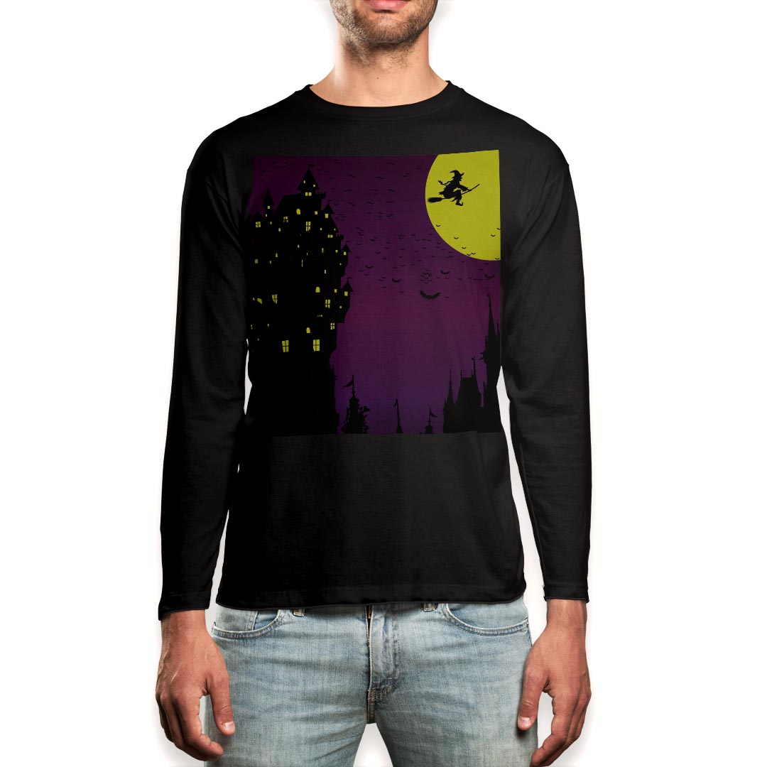ロング tシャツ メンズ 長袖 ブラック デザイン XS S M L XL 2XL ロンT ティーシャツ 黒 black T shirt long sleeve 012653 ハロウィン　月　魔女