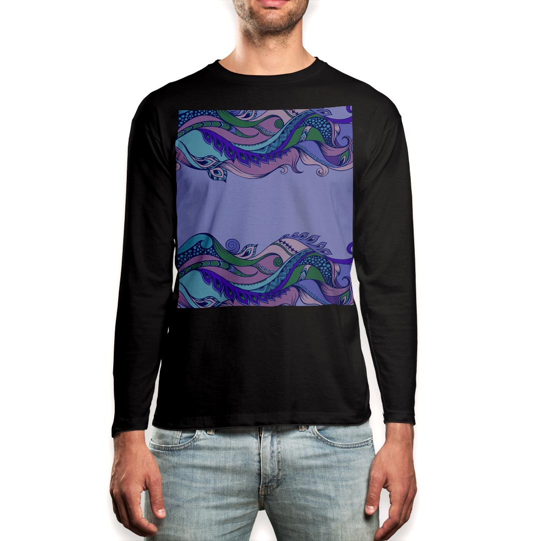 Long-Sleeved - ロング tシャツ メンズ 長袖 ブラック デザイン XS S M L XL 2XL ロンT ティーシャツ 黒 black T shirt long sleeve 012765 エスニック　波