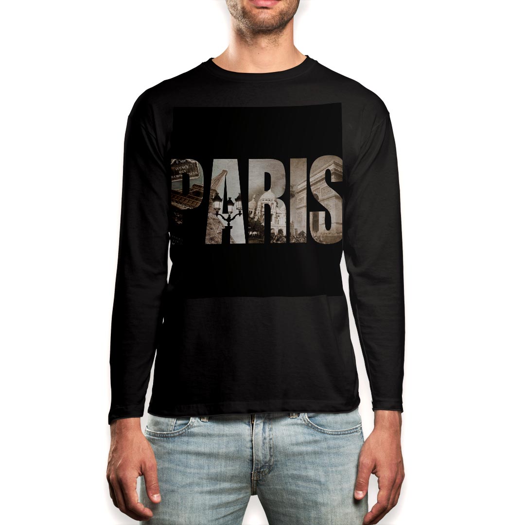 Other - ロング tシャツ メンズ 長袖 ブラック デザイン XS S M L XL 2XL ロンT ティーシャツ 黒 black T shirt long sleeve 012831 パリ　英語　文字