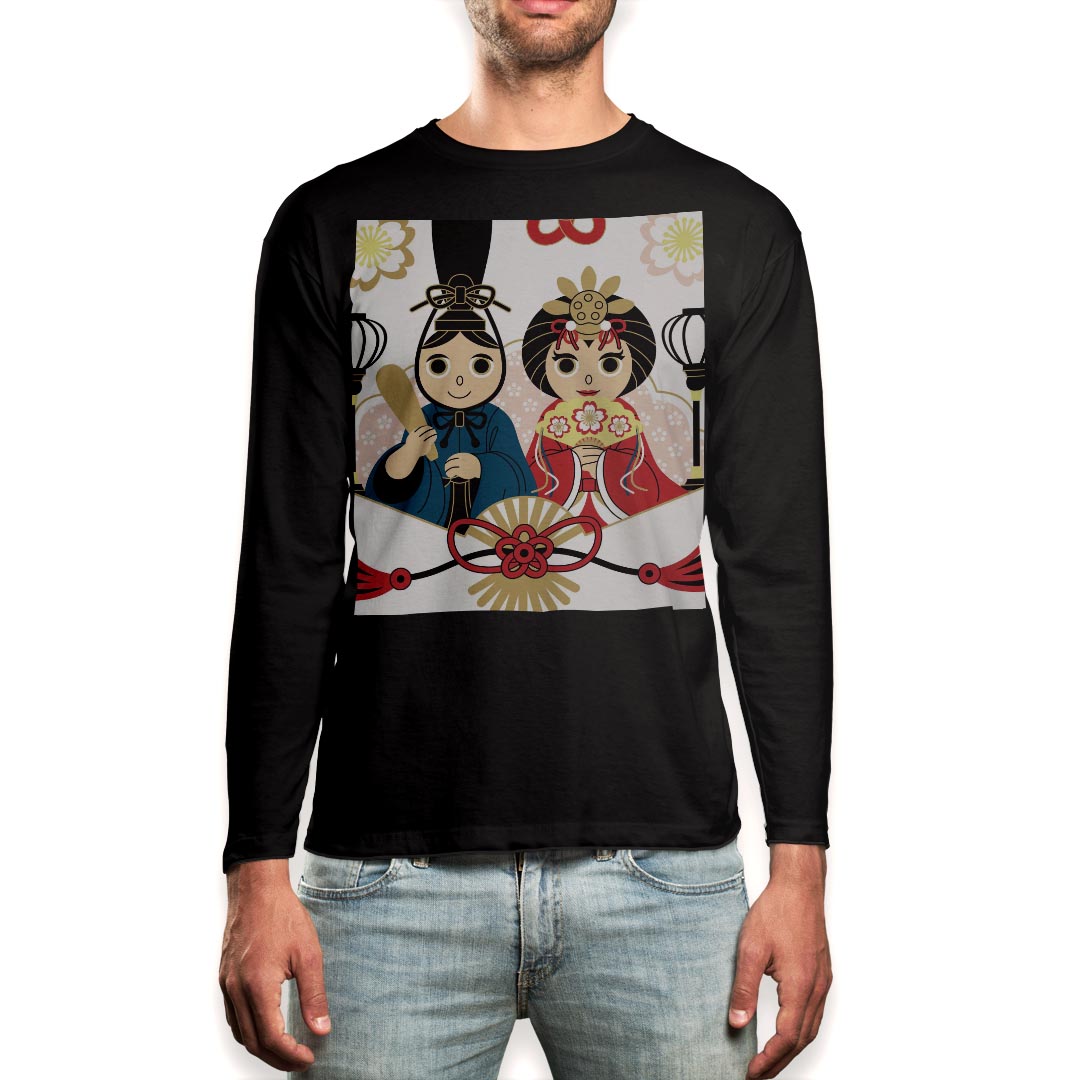 ロング tシャツ メンズ 長袖 ブラック デザイン XS S M L XL 2XL ロンT ティーシャツ 黒 black T shirt long sleeve 012844 ひな祭り 和 節句