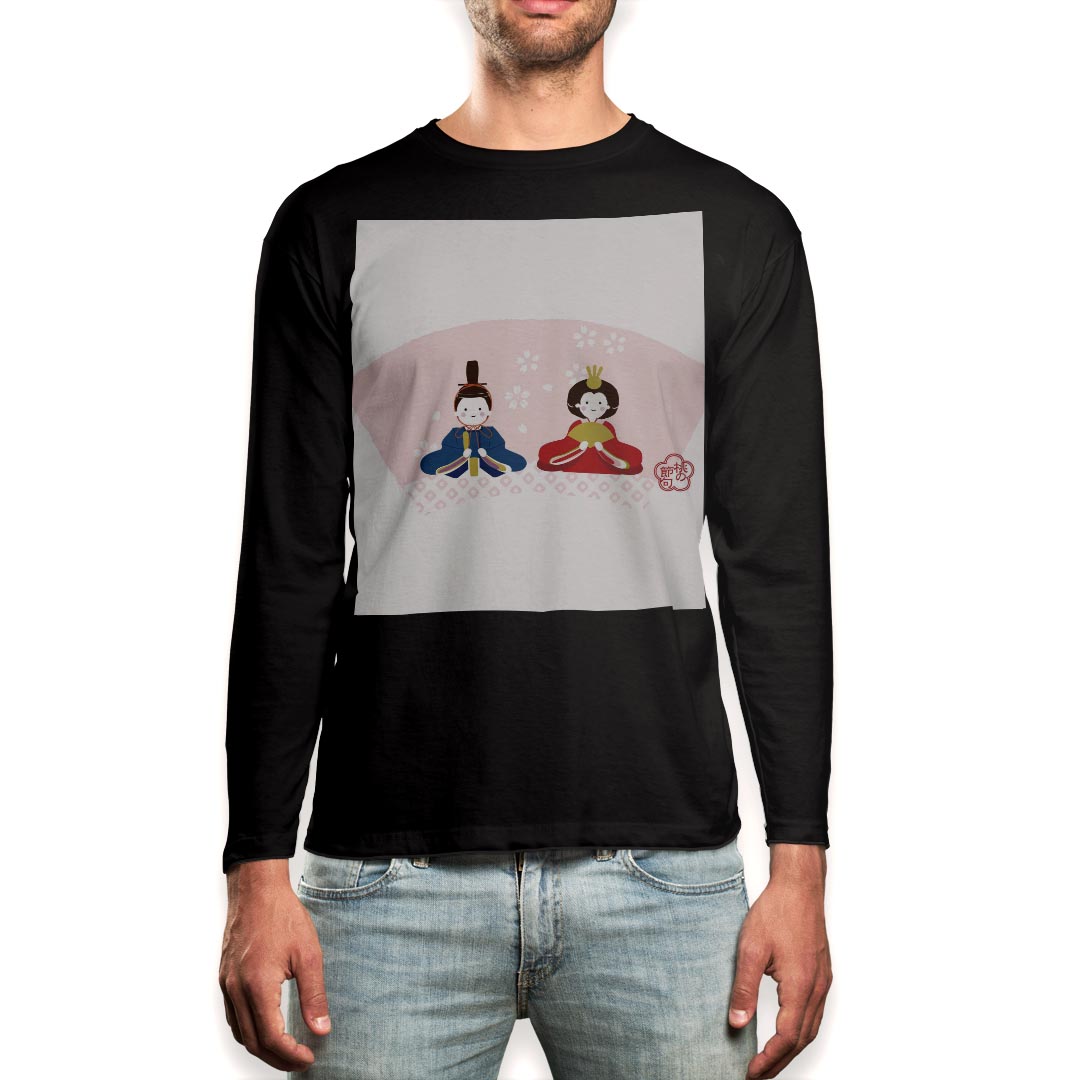 ロング tシャツ メンズ 長袖 ブラック デザイン XS S M L XL 2XL ロンT ティーシャツ 黒 black T shirt long sleeve 012856 ひな祭り 和 節句