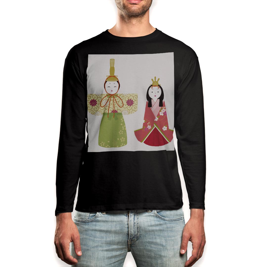 ロング tシャツ メンズ 長袖 ブラック デザイン XS S M L XL 2XL ロンT ティーシャツ 黒 black T shirt long sleeve 012857 ひな祭り 和 節句