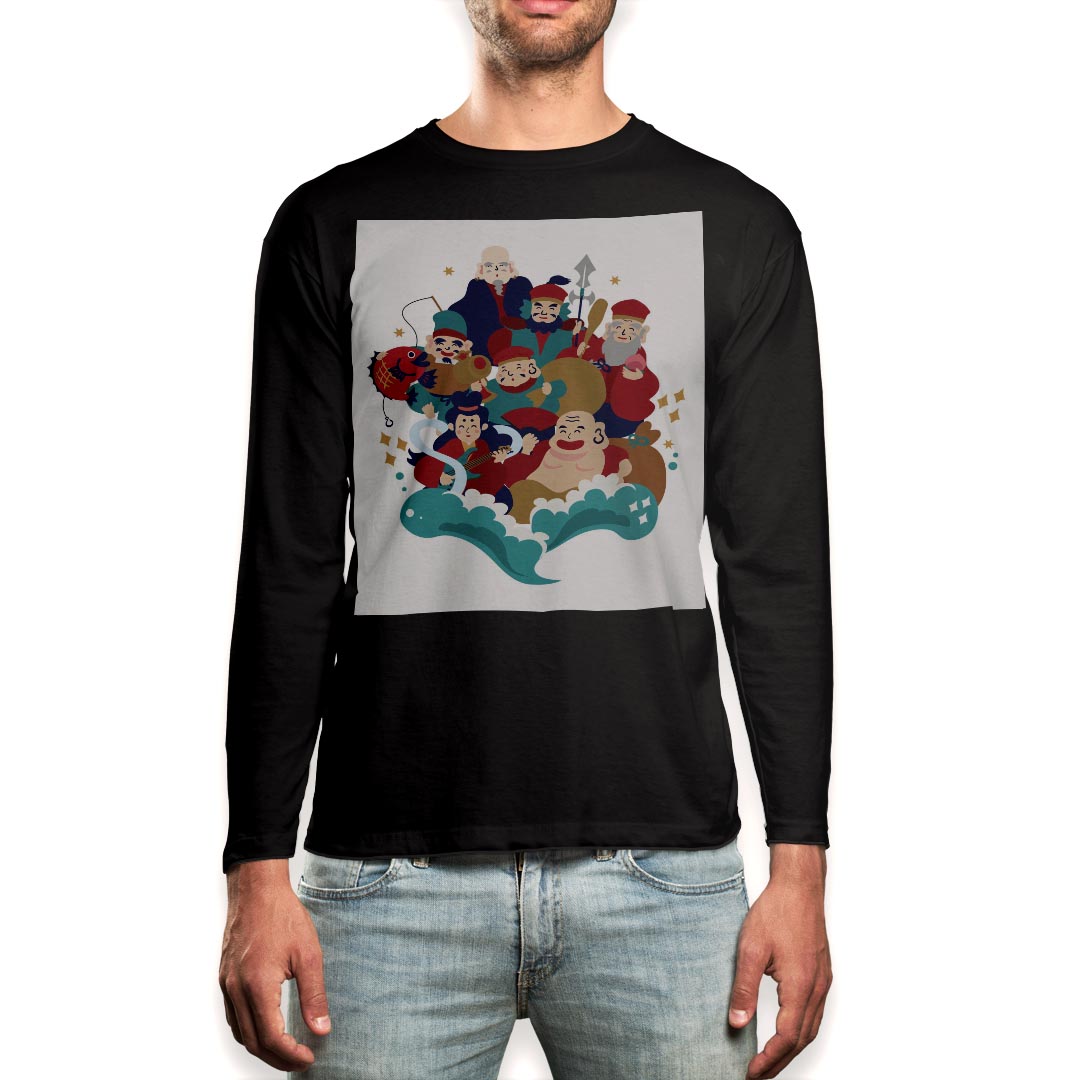 Rakuten - ロング tシャツ メンズ 長袖 ブラック デザイン XS S M L XL 2XL ロンT ティーシャツ 黒 black T shirt long sleeve 012899 七福神　神様　商売?盛