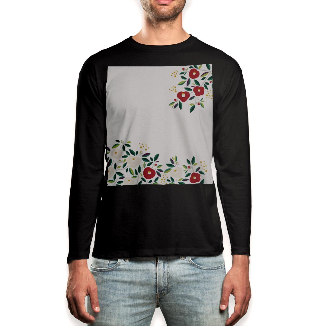 ロング tシャツ メンズ 長袖 ブラック デザイン XS S M L XL 2XL ロンT ティーシャツ 黒 black T shirt long sleeve 012993 椿　花